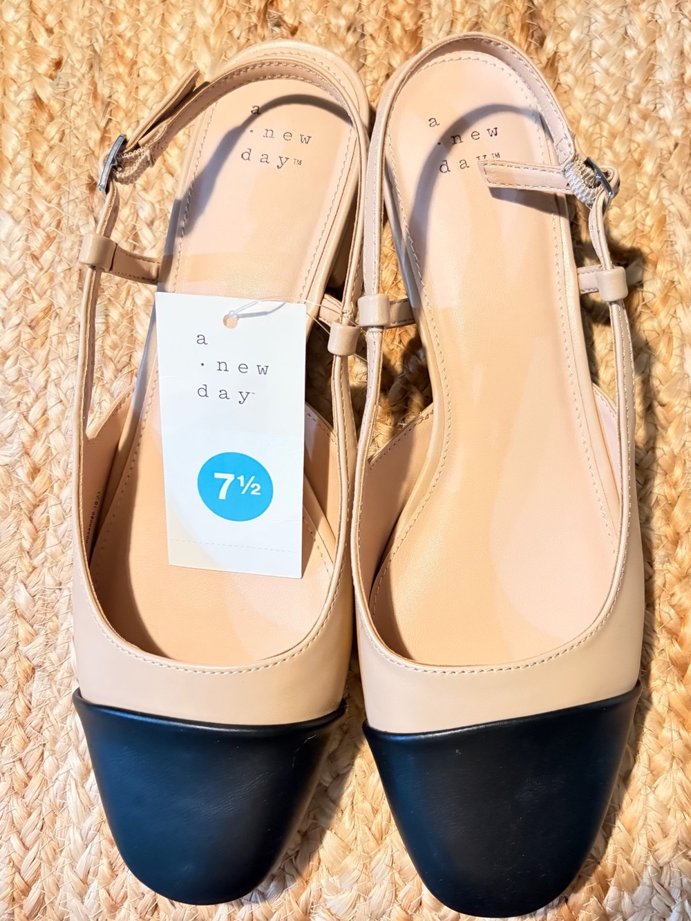 a new day Maxine Flats Beige and Black Two-Tone Square-Toe Slingback Flats 7.5